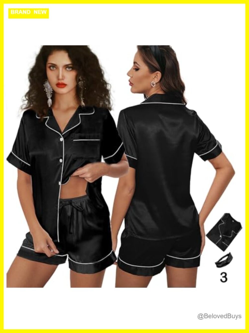 Silk Satin Pajama Short Set 3Pc Sleepwear Lounge PJs with Headband